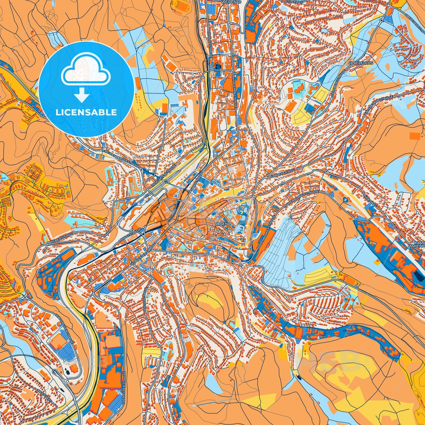 Colorful Siegen Street Map with Labels and Buildings