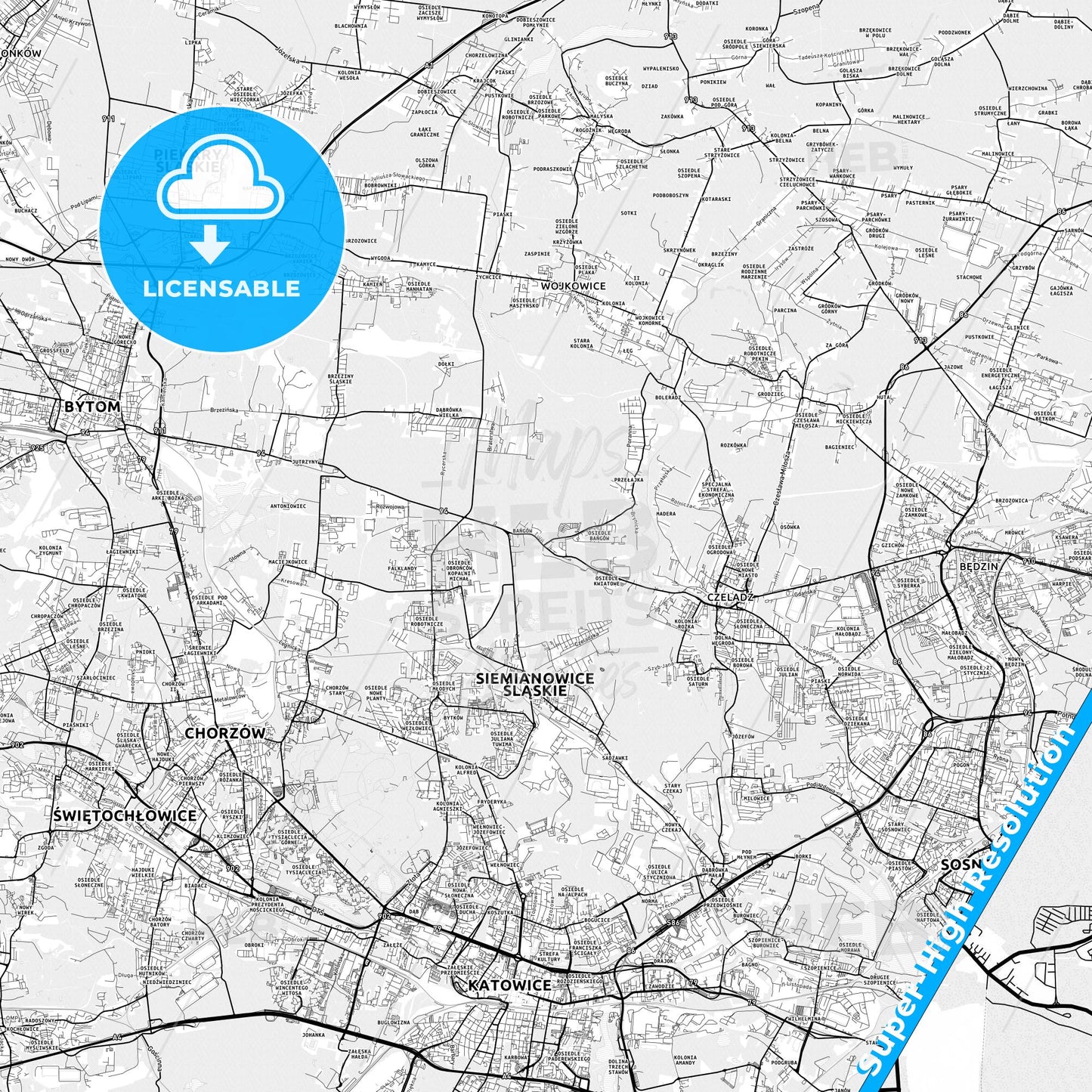 Siemianowice Śląskie, Poland light map with streetnames, citynames and districts