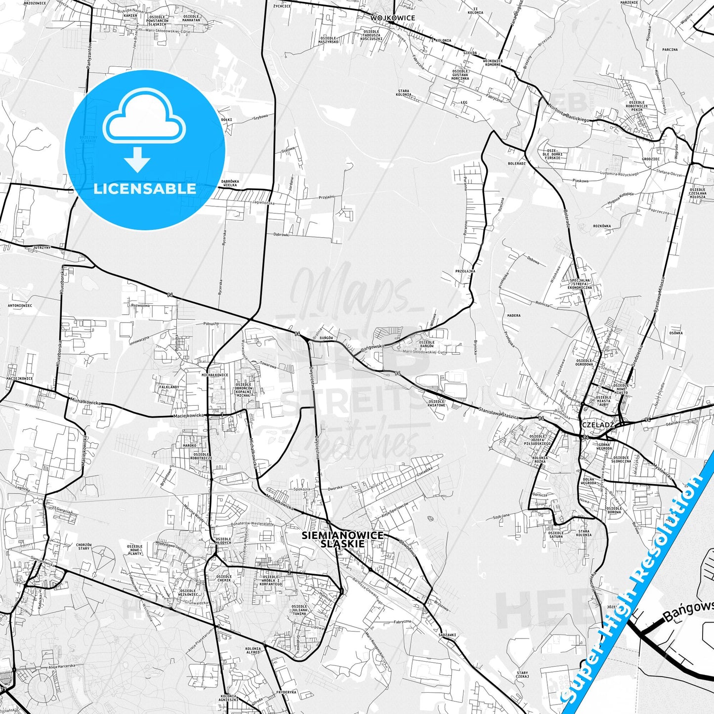 Siemianowice Śląskie, Poland Light Map with Street Names, City Names, and Districts