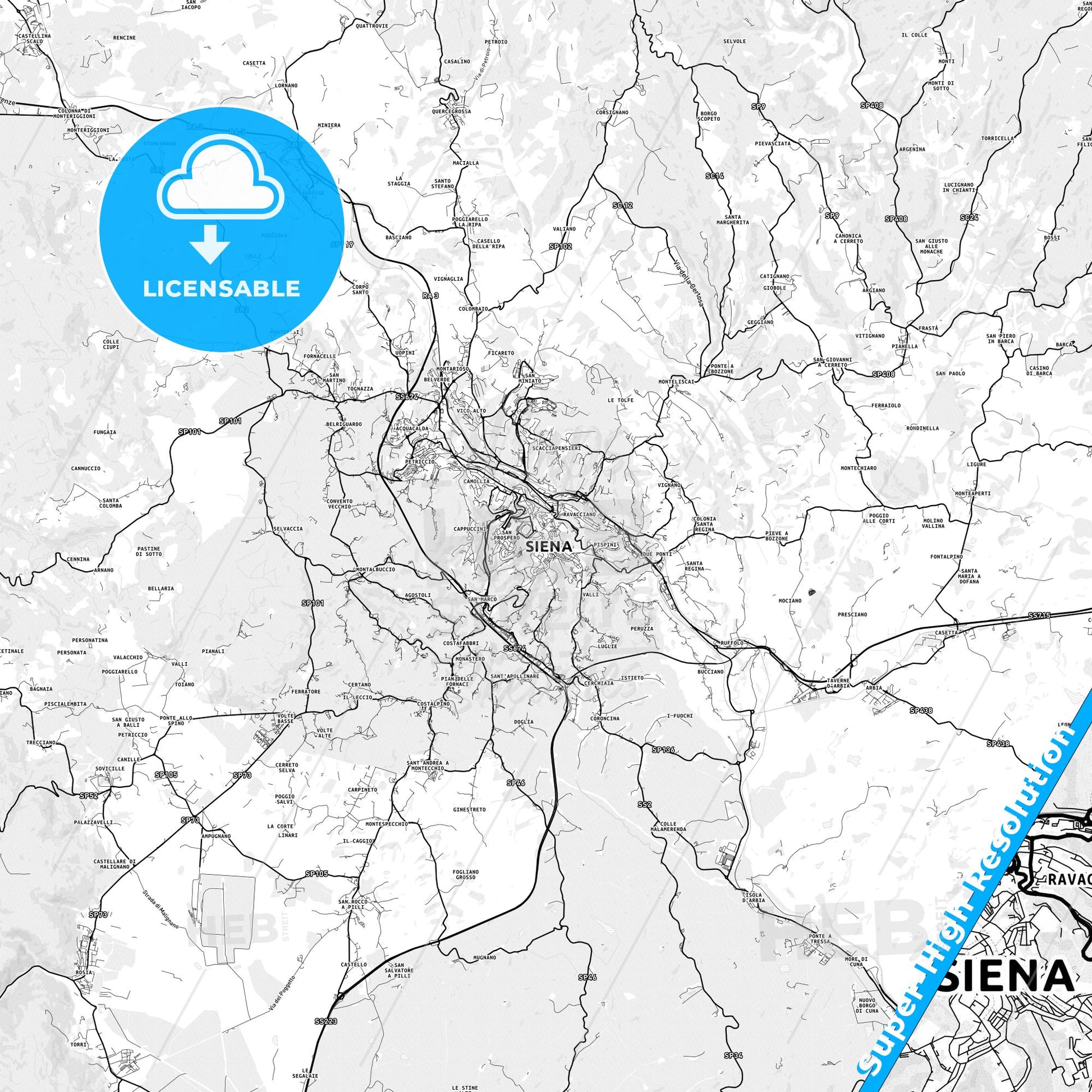Siena, Italy light map with streetnames, citynames and districts