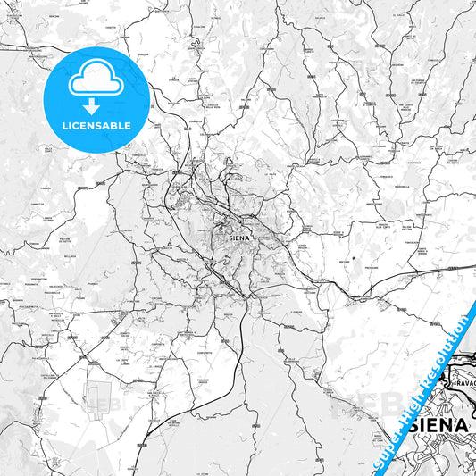 Siena, Italy light map with streetnames, citynames and districts