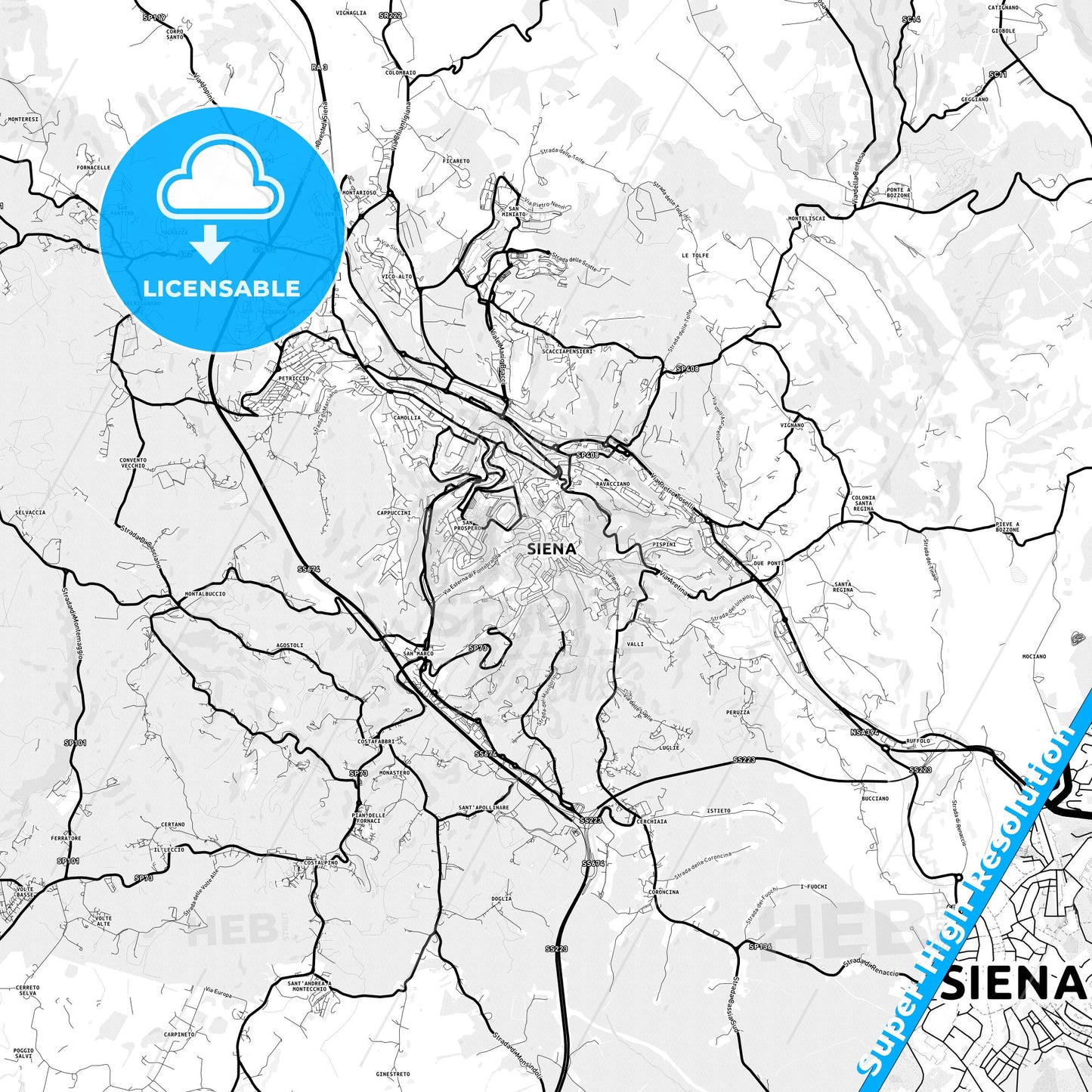 Siena, Italy Light Map with Street Names, City Names, and Districts