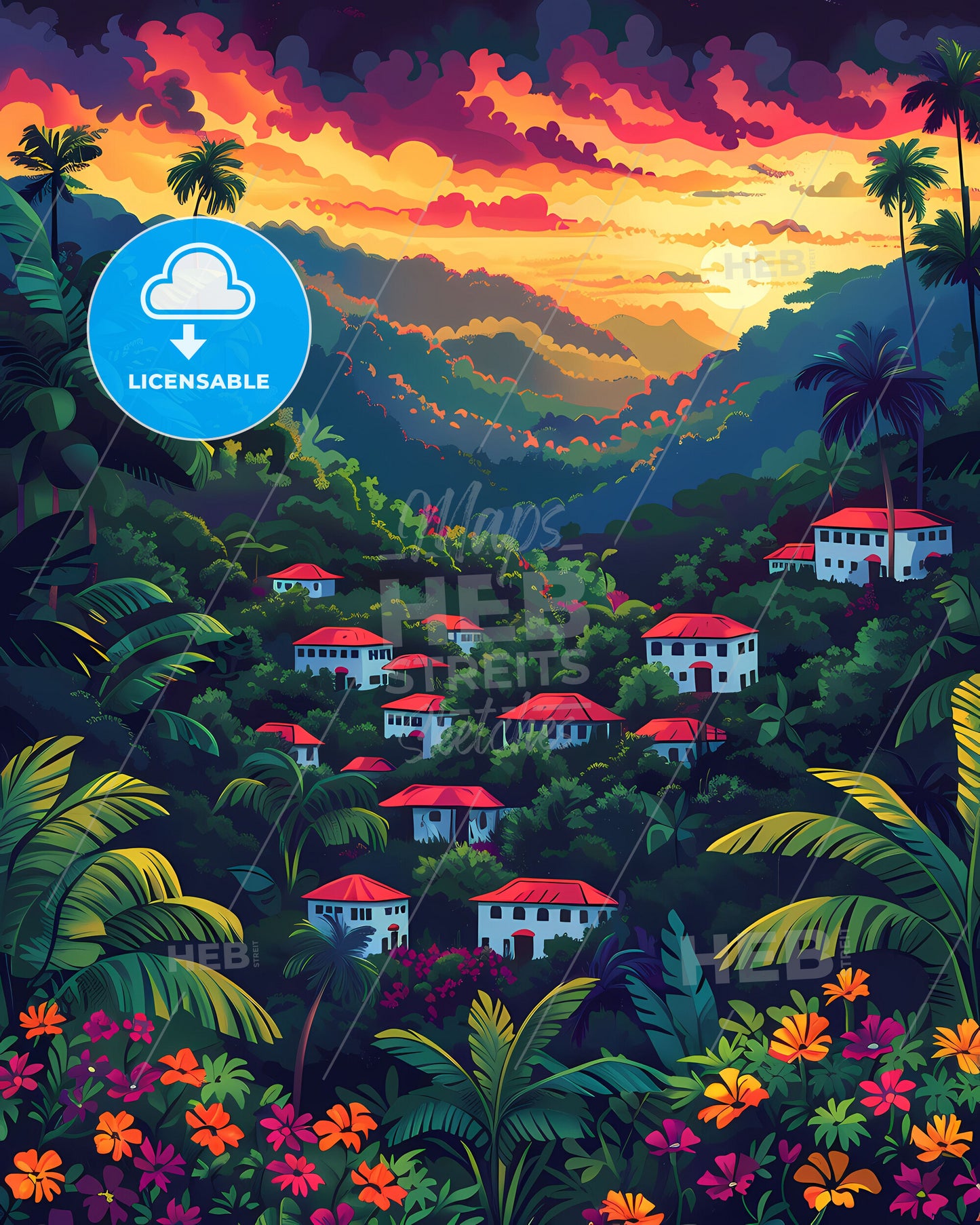 African Forest Landscape Painting: Vibrant Artistic Treescape with Buildings