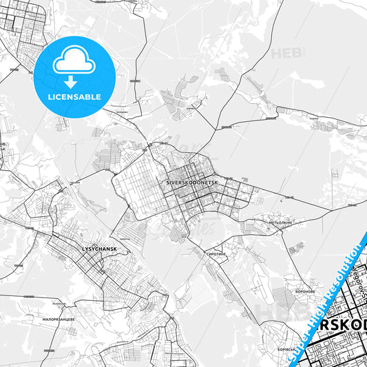 Sieverodonetsk, Ukraine light map with streetnames, citynames and districts