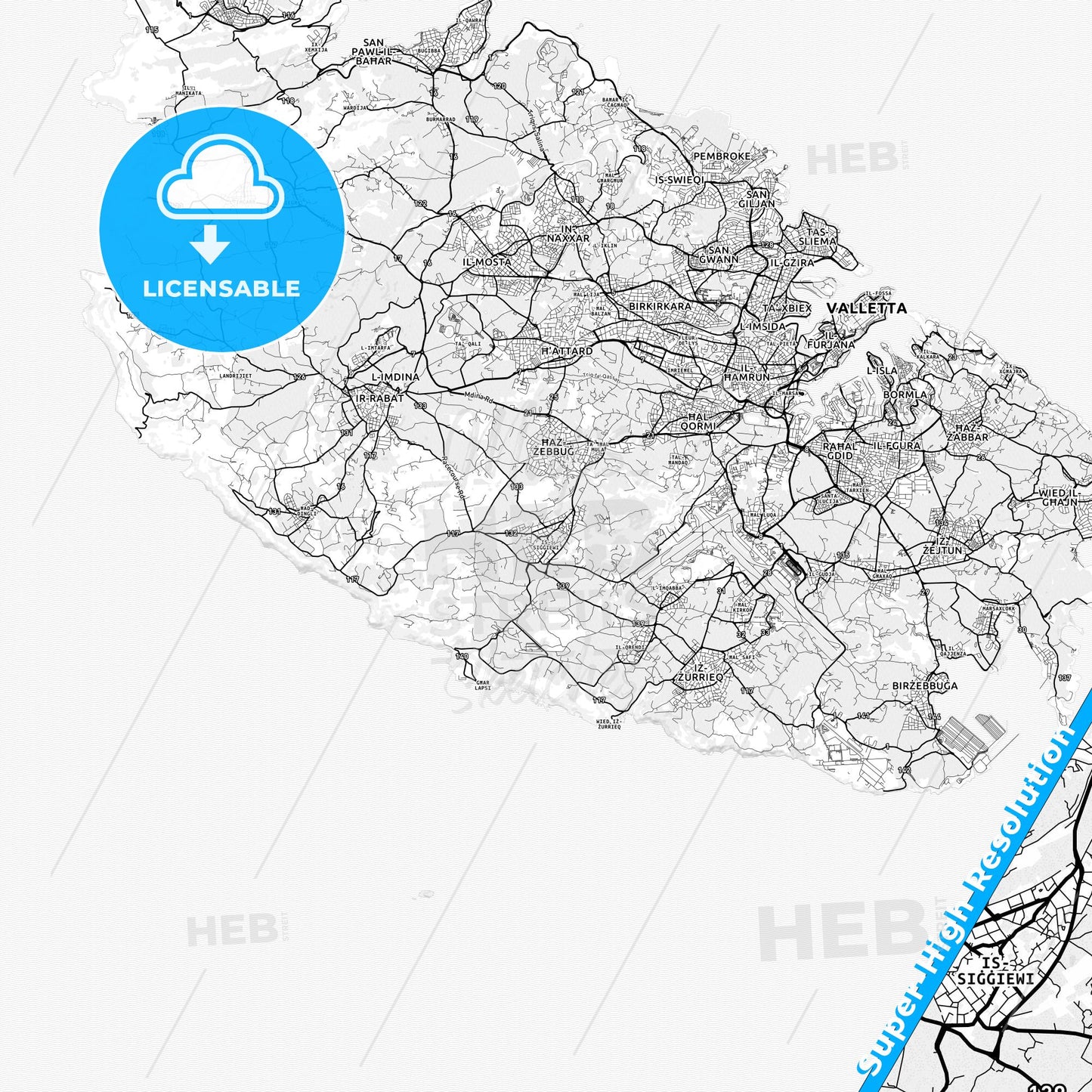 Siġġiewi, Malta light map with streetnames, citynames and districts
