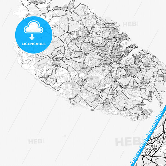 Siġġiewi, Malta light map with streetnames, citynames and districts