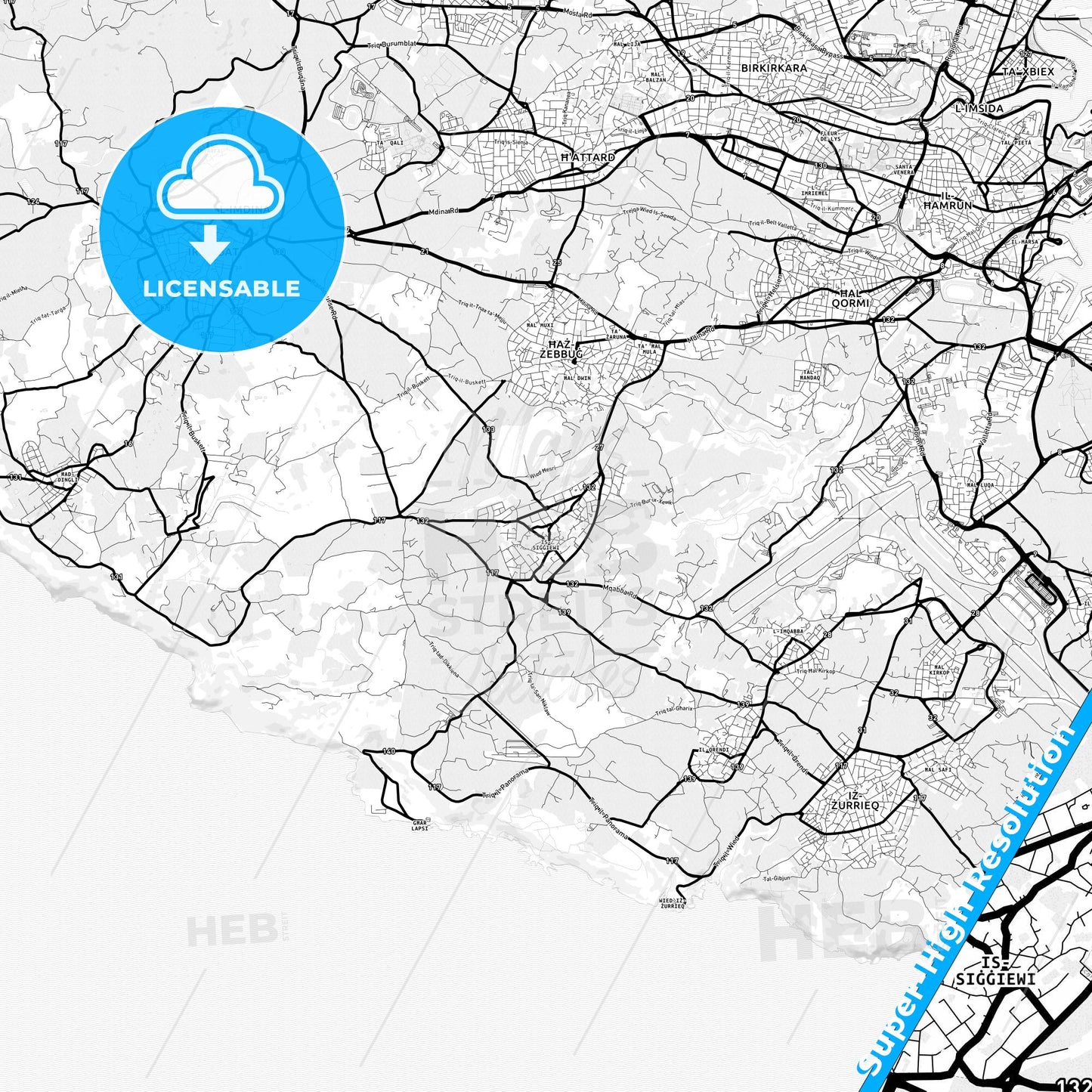 Siġġiewi, Malta Light Map with Street Names, City Names, and Districts