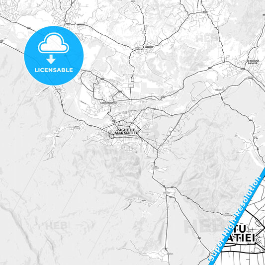 Sighetu Marmației, Romania light map with streetnames, citynames and districts