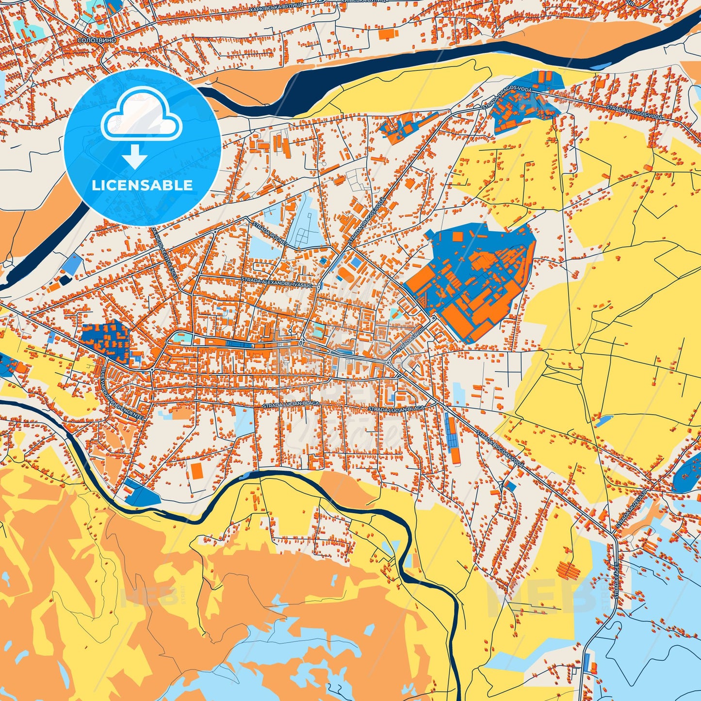 Colorful Sighetu Marmației Street Map with Labels and Buildings