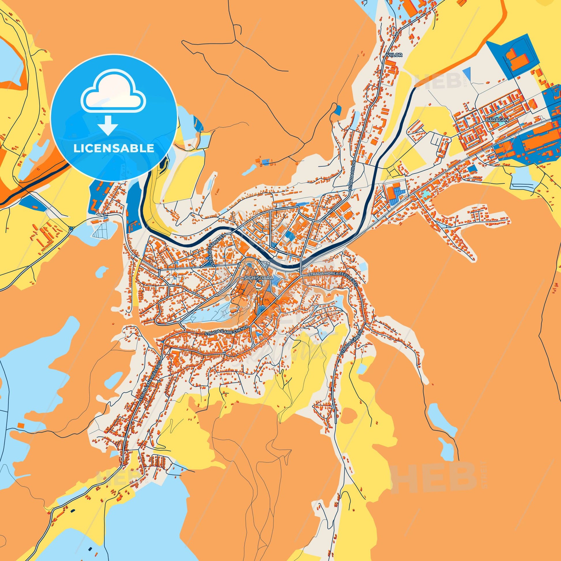 Colorful Sighișoara Street Map with Labels and Buildings