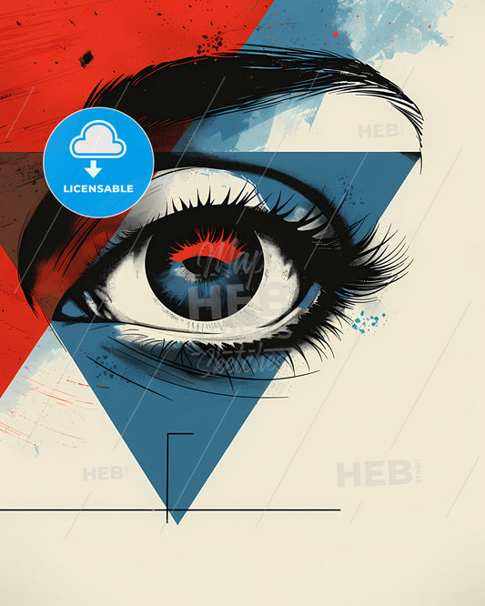 Dramatic Bauhaus Eye Painting: Minimalist Vintage Poster in Red and Blue, Close-Up, Flat Graphic, Shaped Canvas