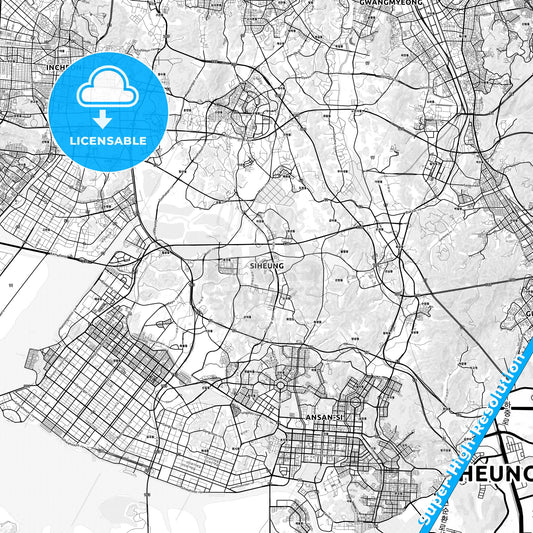 Siheung, South Korea light map with streetnames, citynames and districts
