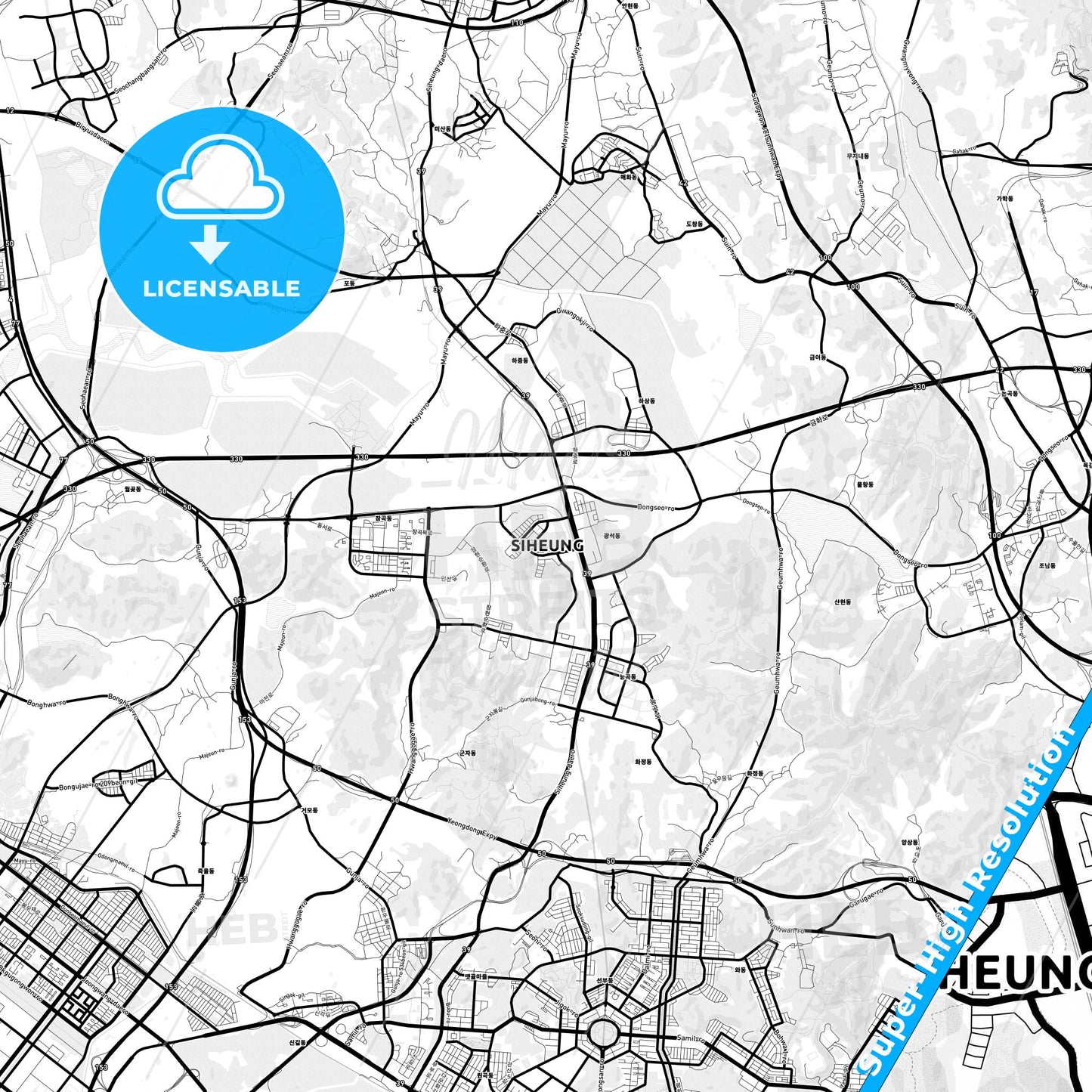 Siheung, South Korea Light Map with Street Names, City Names, and Districts