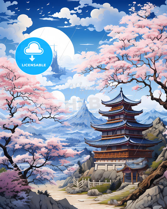 South Korea Skyline Pagoda Painting Cherry Blossoms Mount Hill Traditional Art