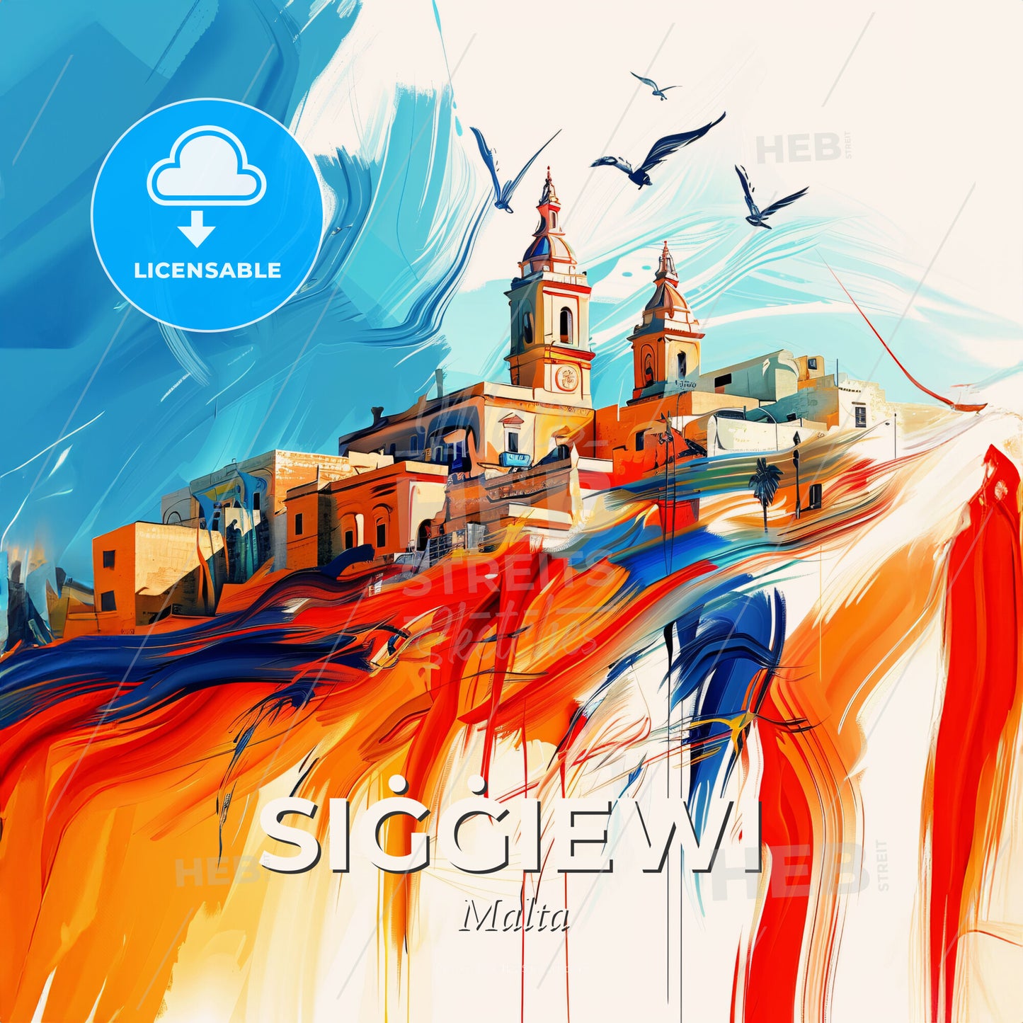 Vibrant Siġġiewi, Malta - A Painting Of A Building With Birds Flying In The Sky - Square format print template