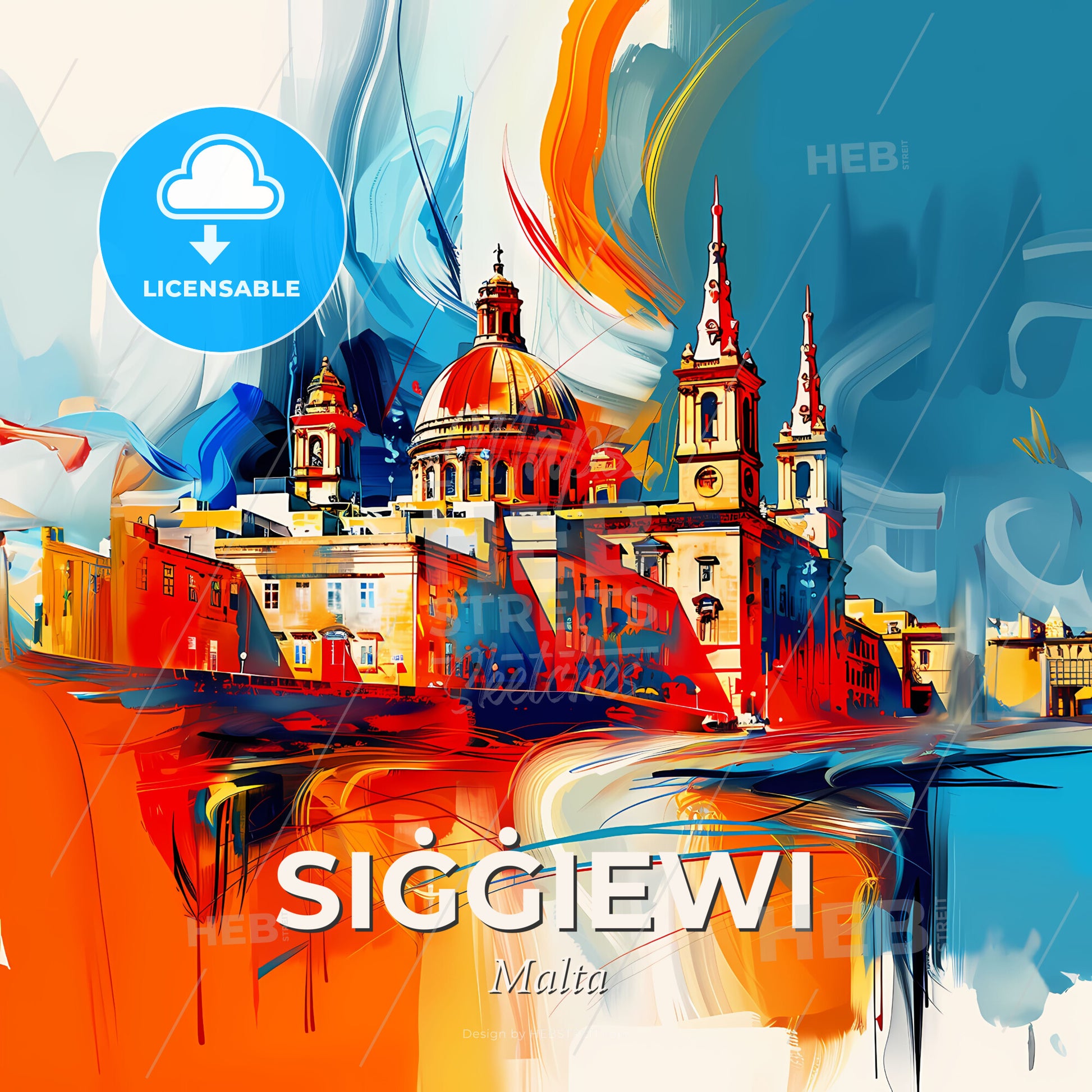 Vibrant Siġġiewi, Malta - A Painting Of A Building With A Dome And Towers - Square format print template