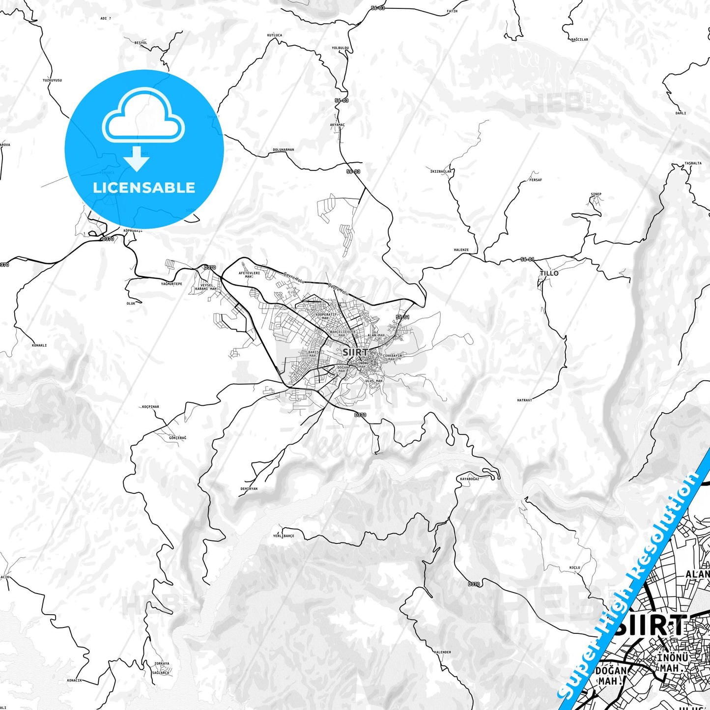 Siirt, Turkey light map with streetnames, citynames and districts