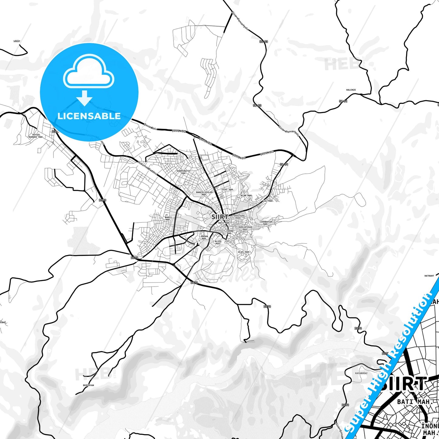 Siirt, Turkey Light Map with Street Names, City Names, and Districts