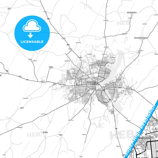 Sikasso, Mali light map with streetnames, citynames and districts