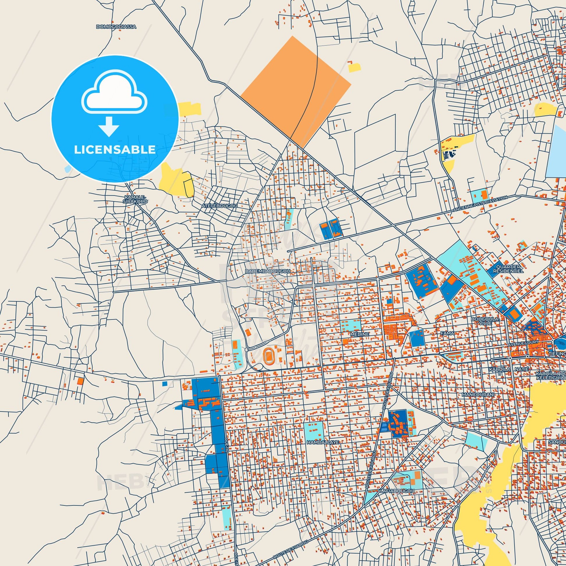 Colorful Sikasso Street Map with Labels and Buildings