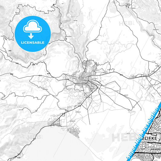 Silifke, Turkey light map with streetnames, citynames and districts