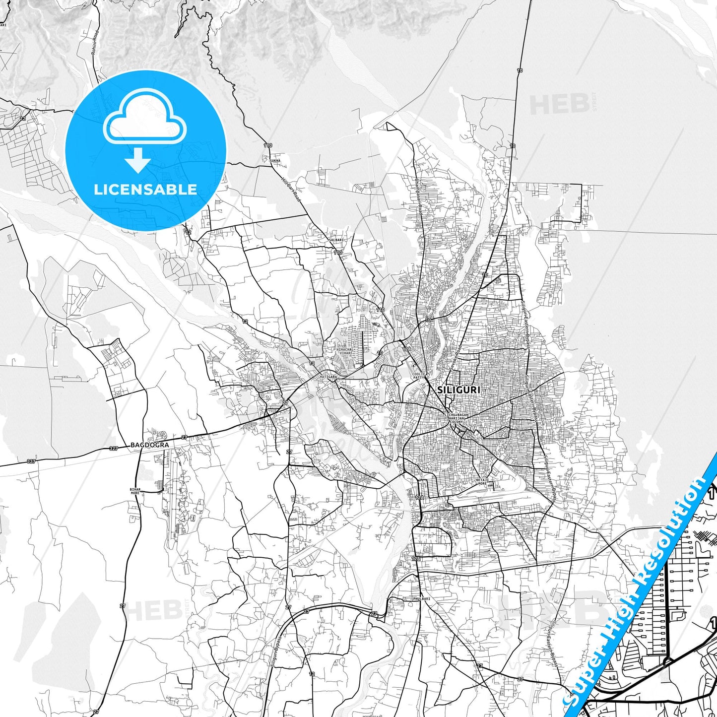 Siliguri, India light map with streetnames, citynames and districts