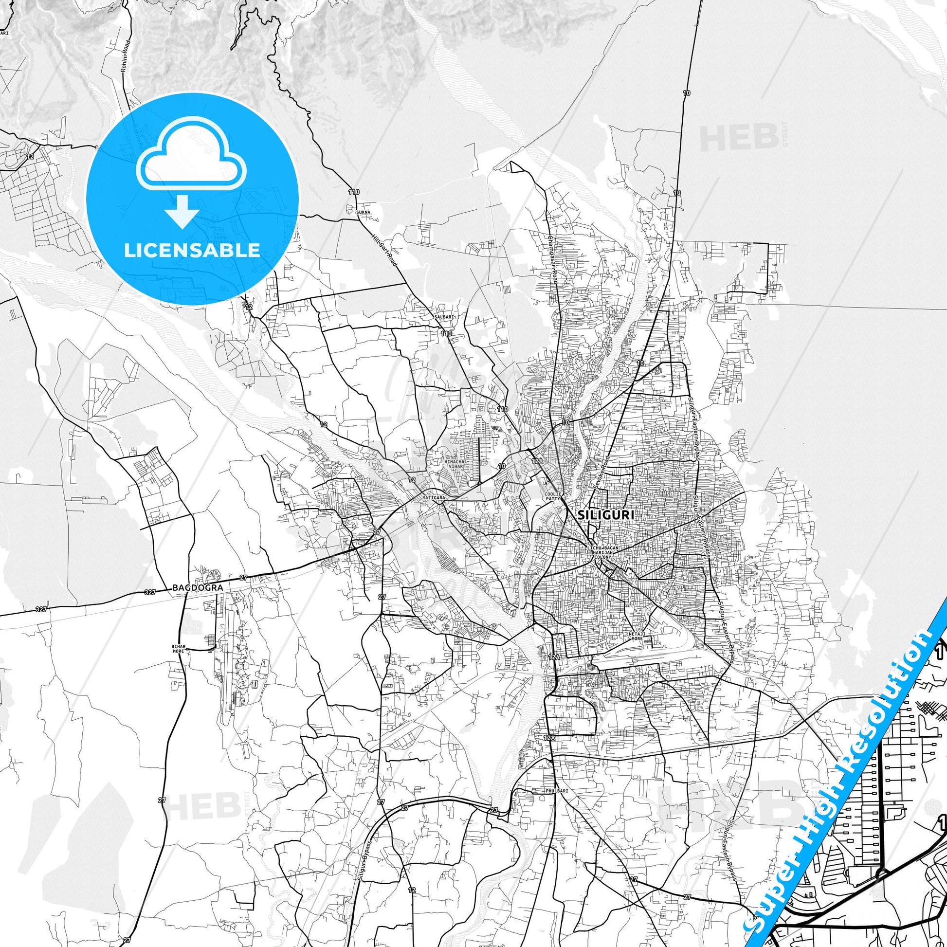 Siliguri, India light map with streetnames, citynames and districts