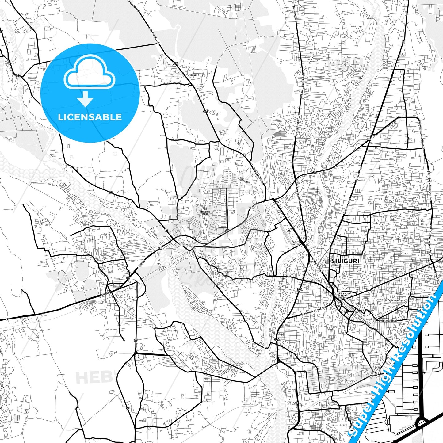 Siliguri, India Light Map with Street Names, City Names, and Districts