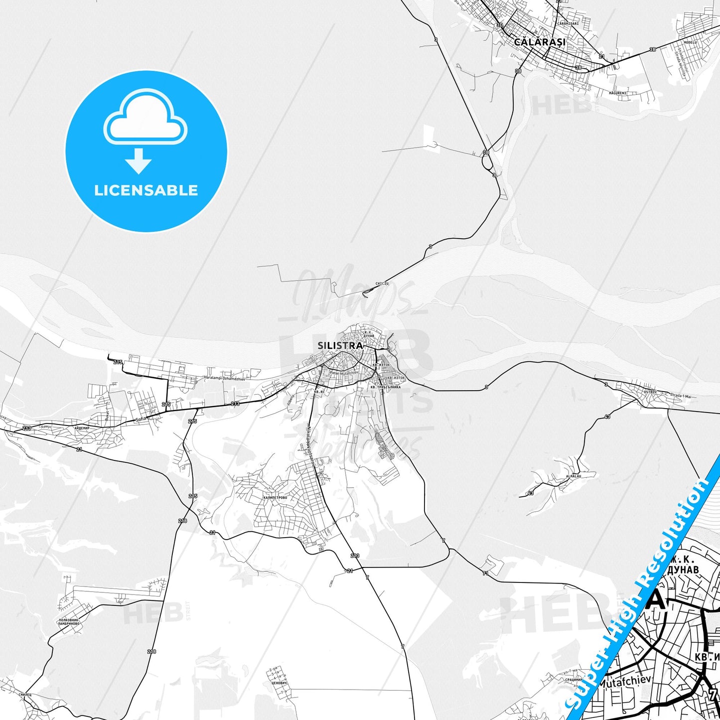 Silistra, Bulgaria light map with streetnames, citynames and districts