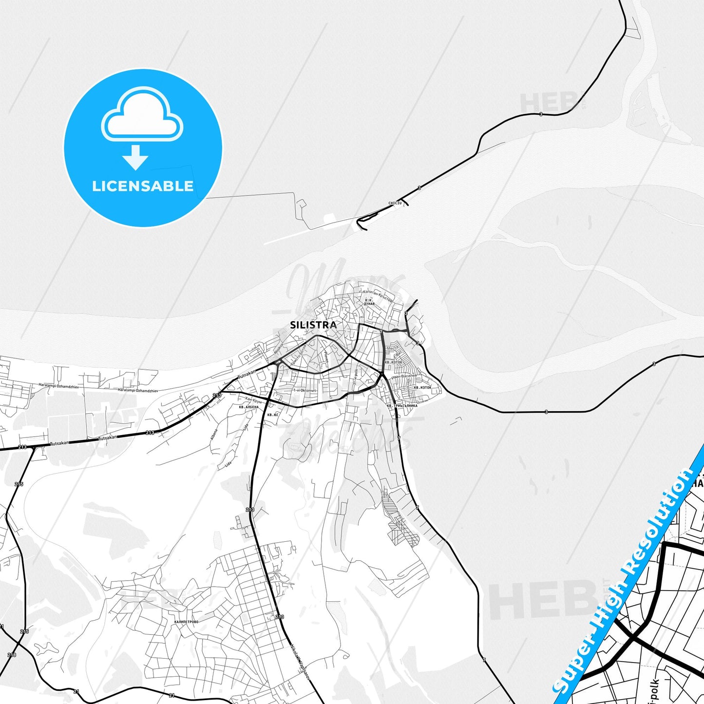 Silistra, Bulgaria Light Map with Street Names, City Names, and Districts