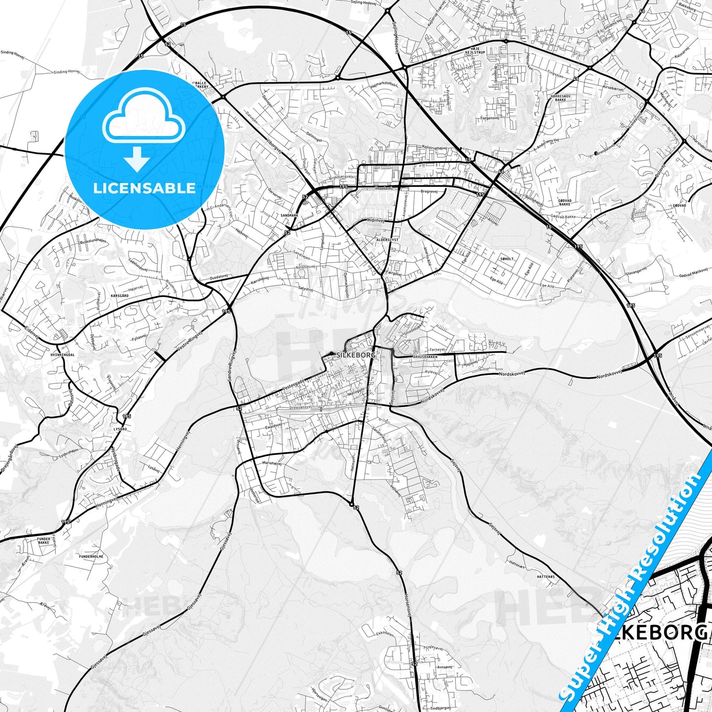 Silkeborg, Denmark Light Map with Street Names, City Names, and Districts