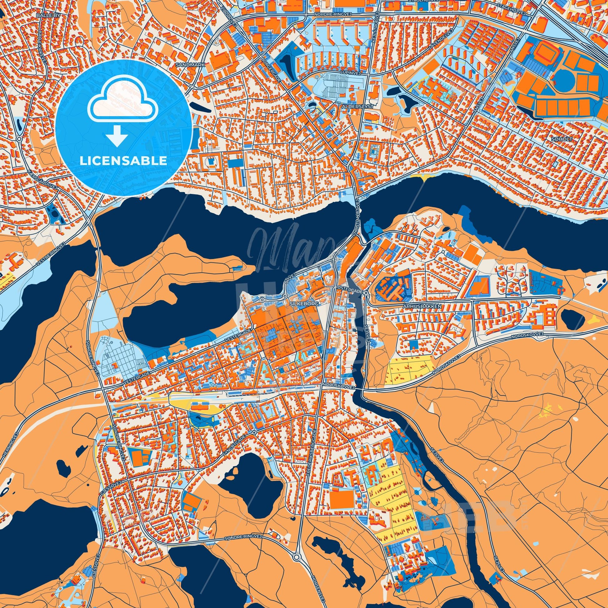 Colorful Silkeborg Street Map with Labels and Buildings
