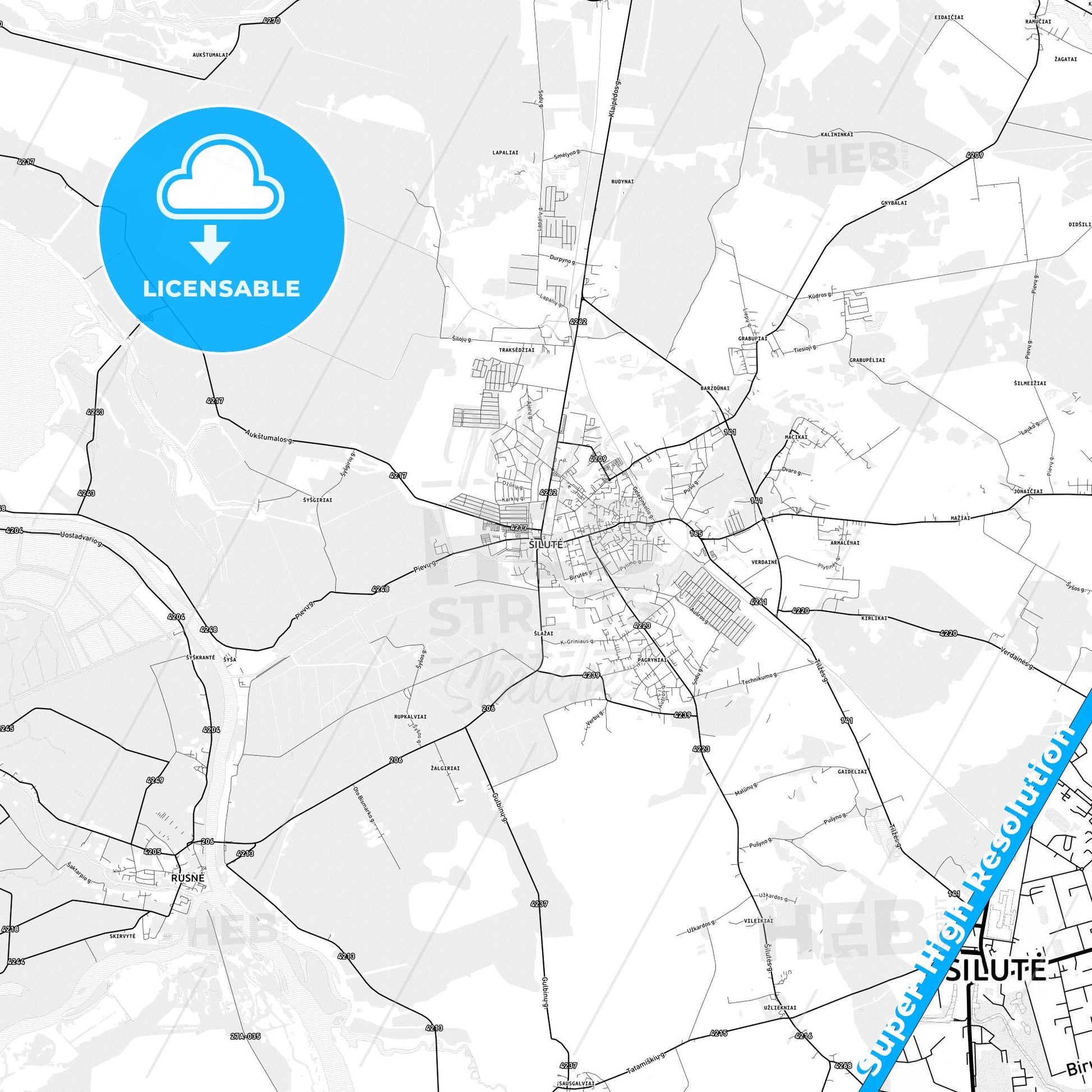 Šilutė, Lithuania light map with streetnames, citynames and districts
