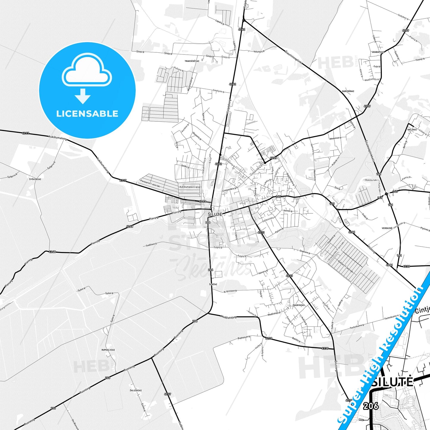 Šilutė, Lithuania Light Map with Street Names, City Names, and Districts
