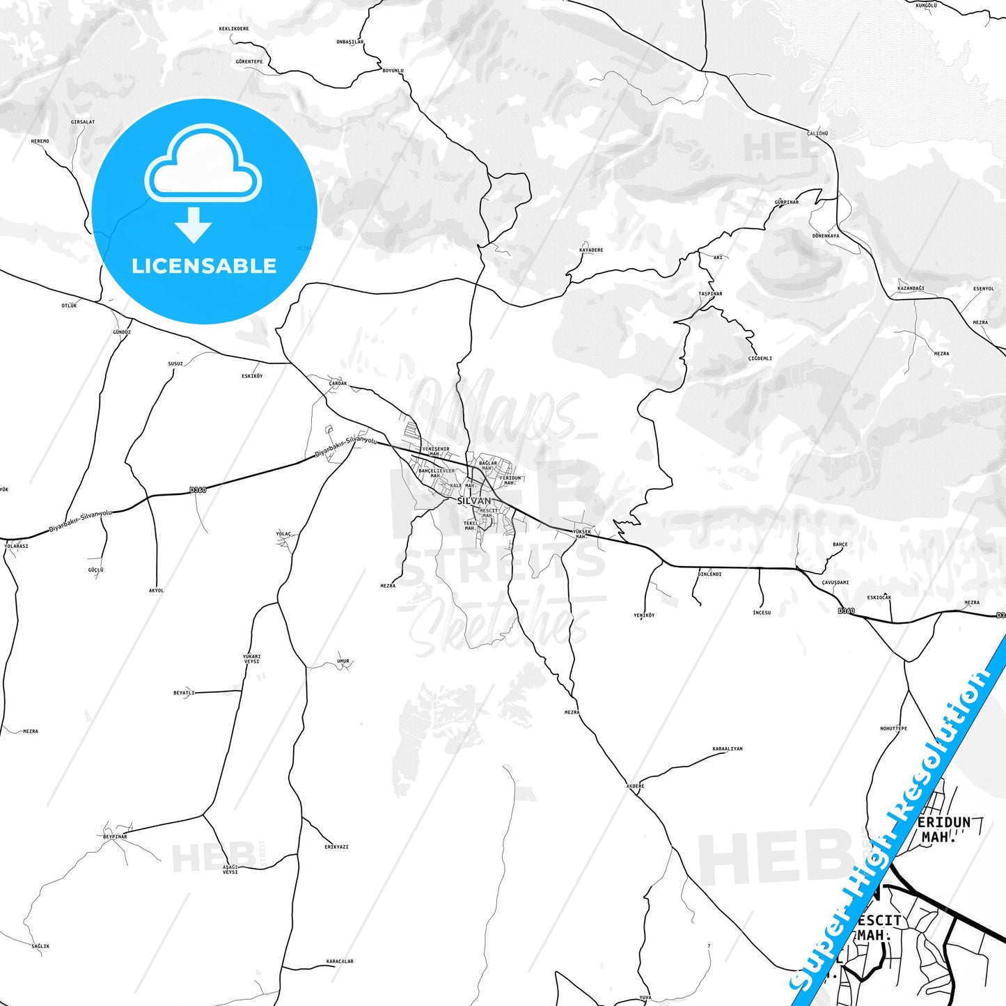 Silvan, Turkey light map with streetnames, citynames and districts