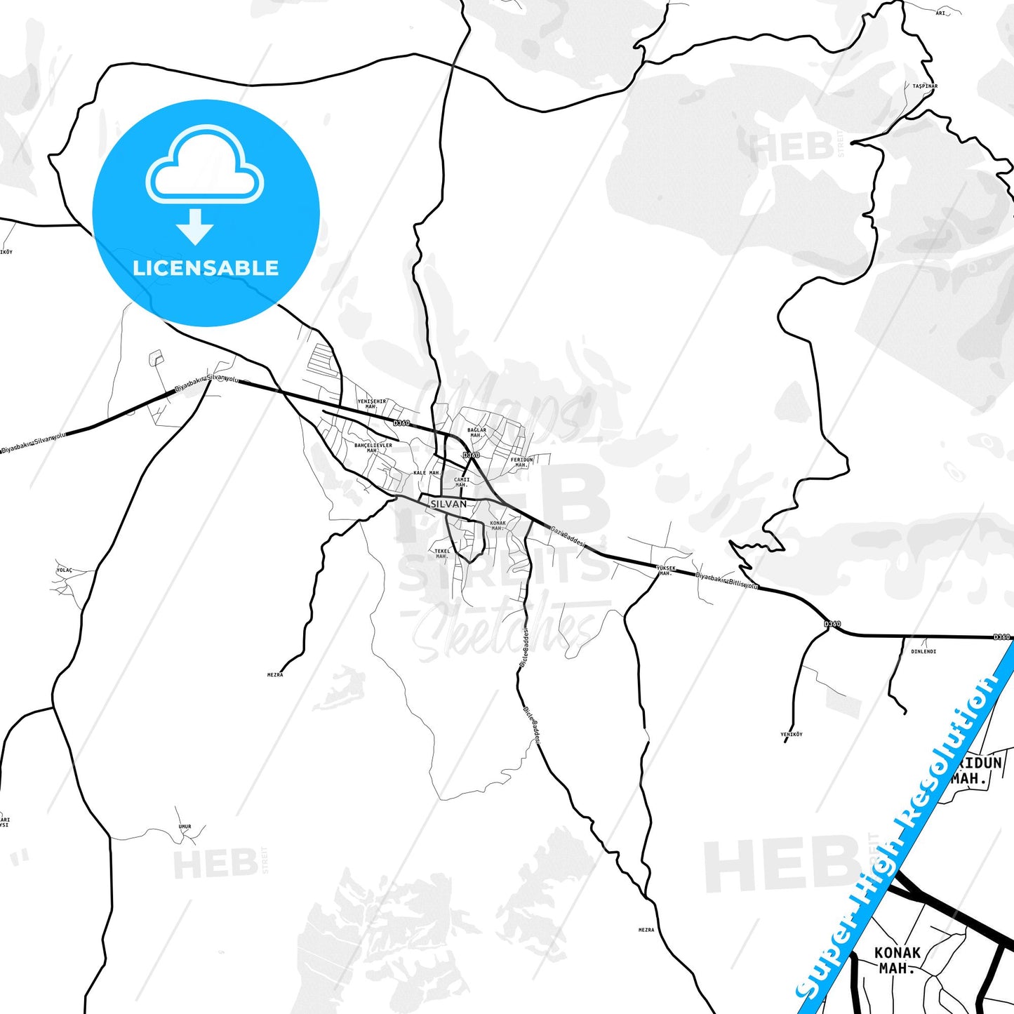 Silvan, Turkey Light Map with Street Names, City Names, and Districts
