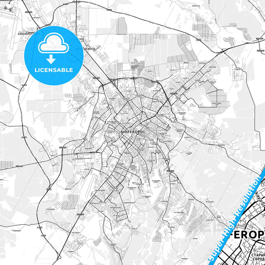 Simferopol, Ukraine light map with streetnames, citynames and districts