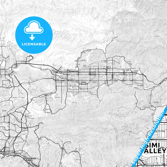 Simi Valley, California light map with streetnames, citynames and districts