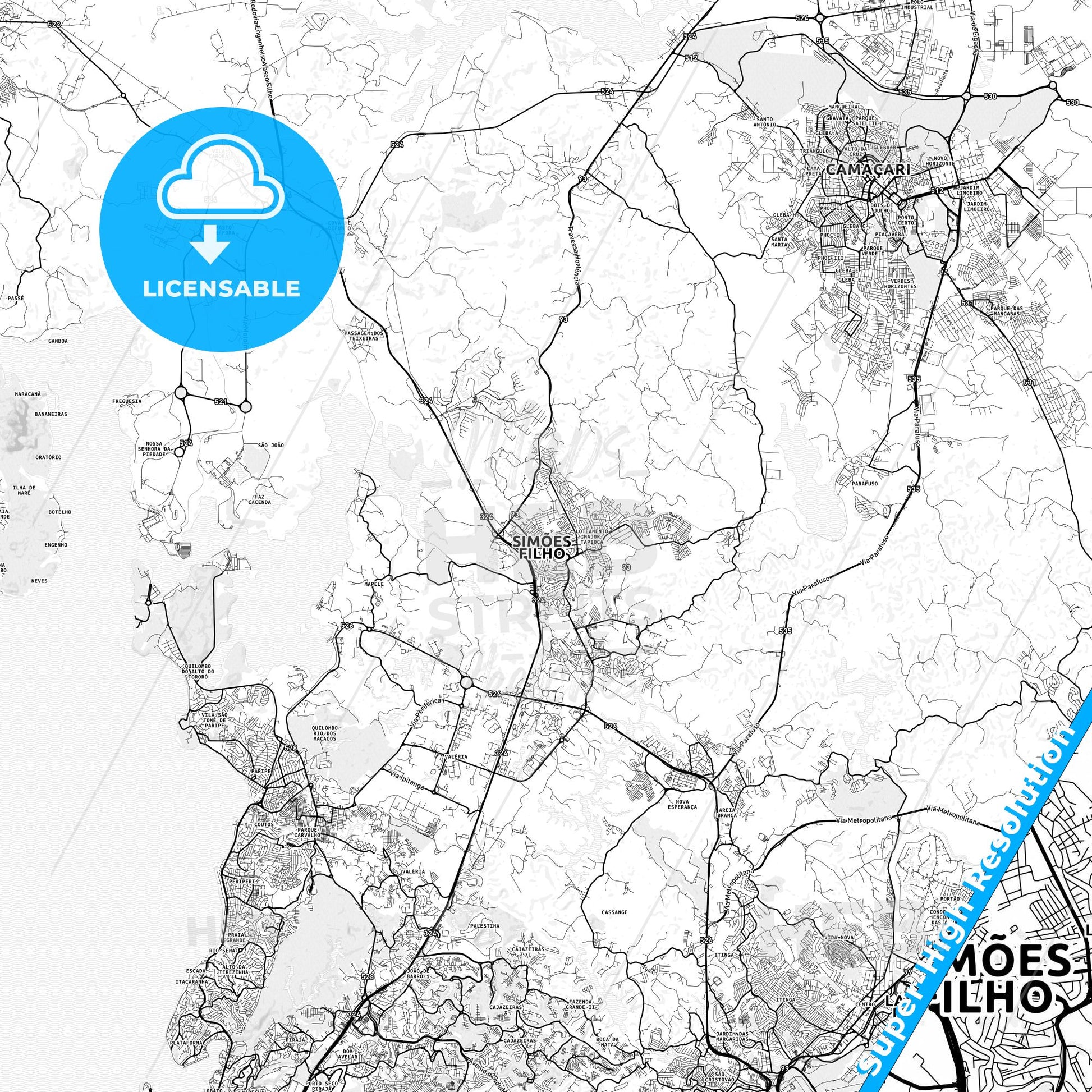 Simoes Filho, Brazil light map with streetnames, citynames and districts