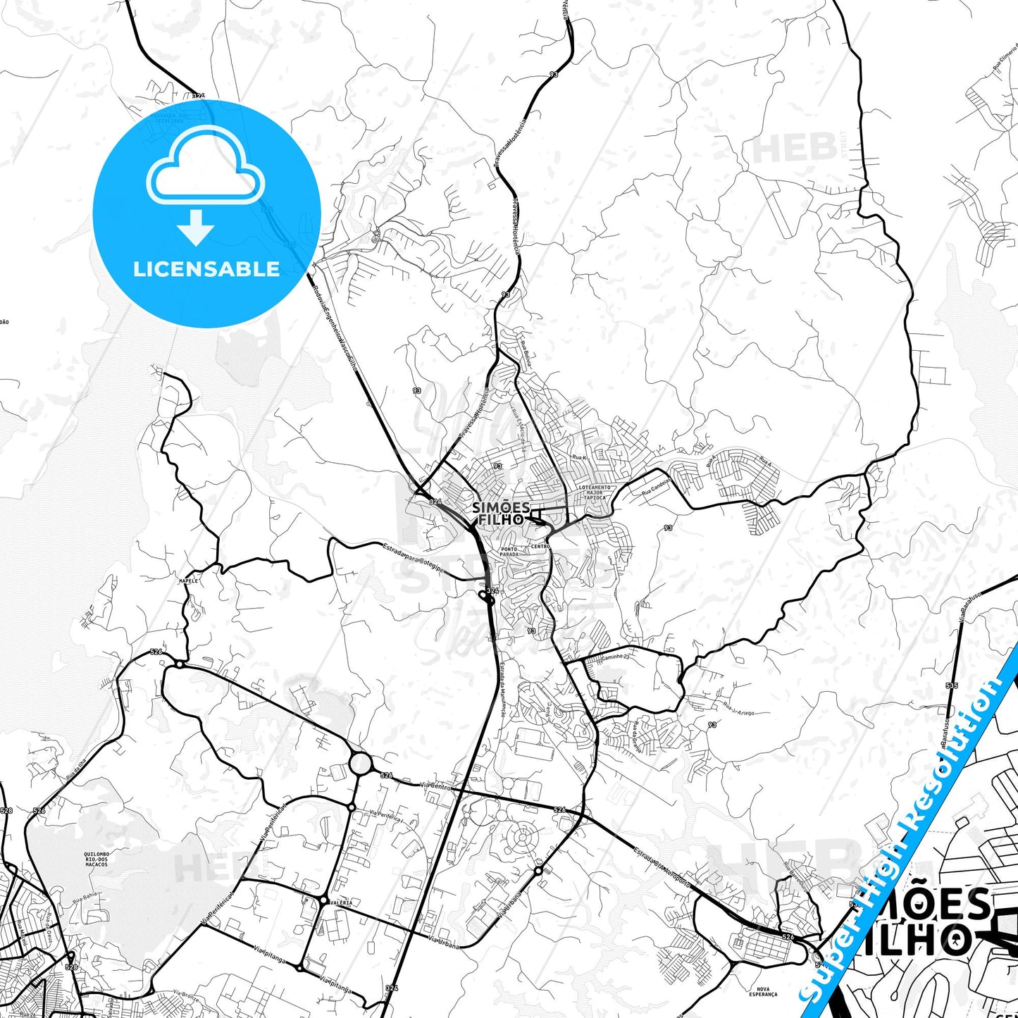 Simoes Filho, Brazil Light Map with Street Names, City Names, and Districts