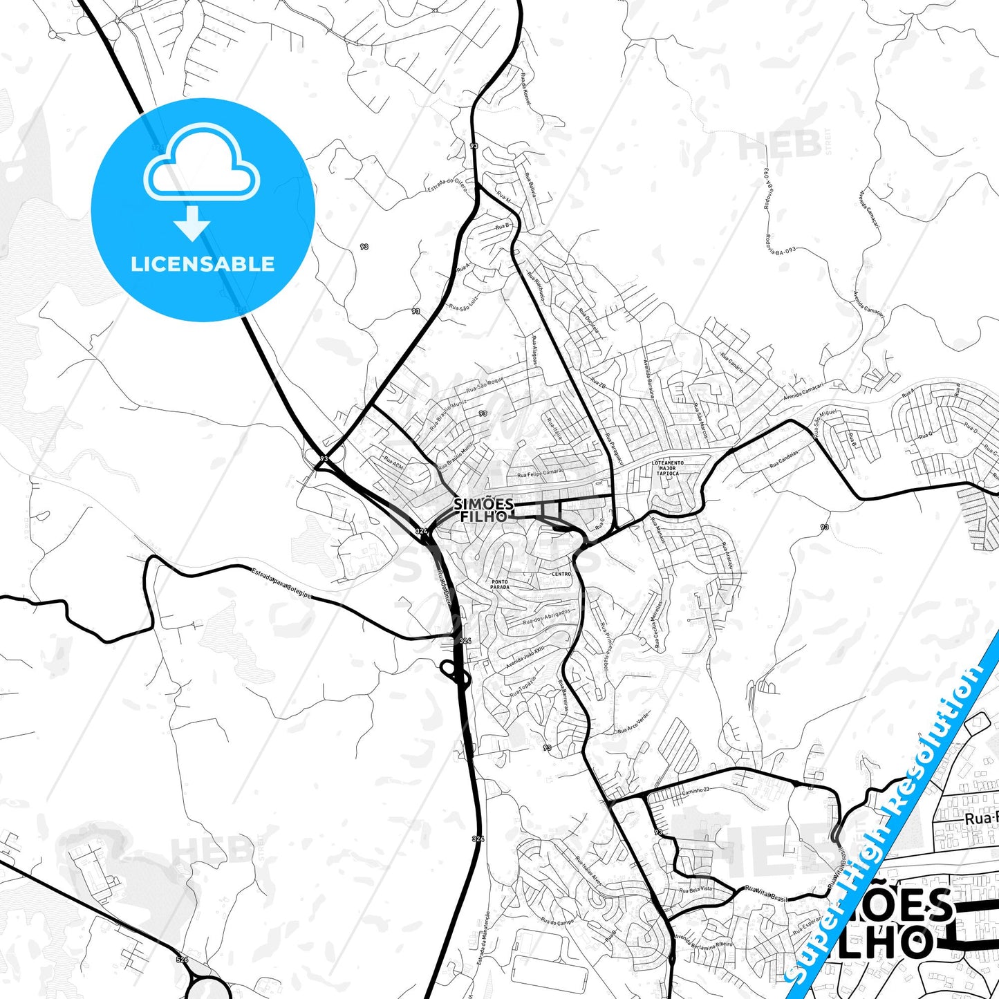Simoes Filho, Brazil Light Map with Street Names, City Names, and Districts