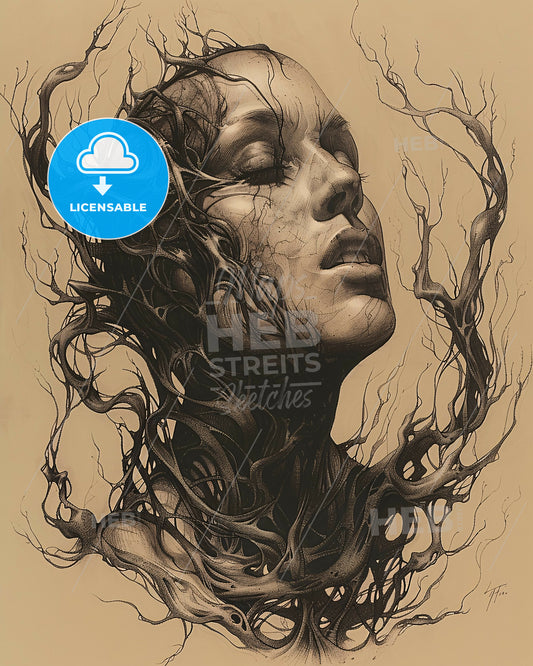 Handcrafted Waving Hand Art Print Minimalist Home Decor - A drawing of a woman's face with branches around her