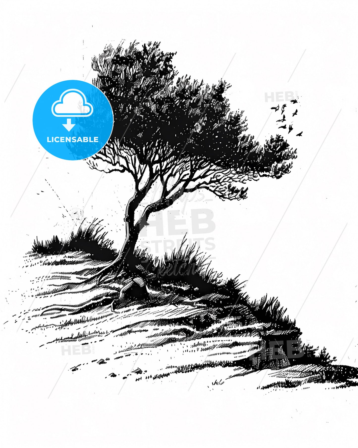 Vibrant Hand-Drawn Bent Tree Line Art Logo: Vintage Minimalist Hillside Design