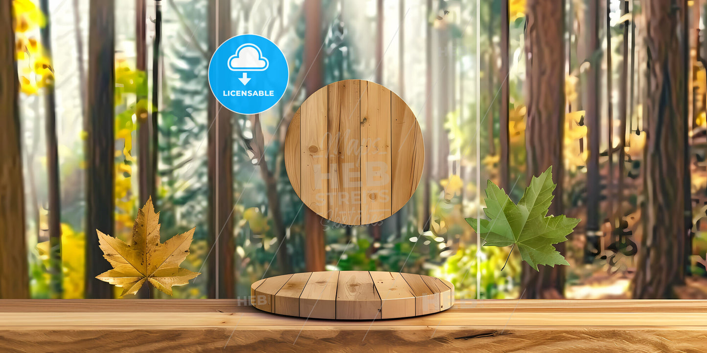 Modern wooden pedestal for art exhibitions, showcasing contemporary artwork in a vibrant and natural setting with a focus on the artistic expression and craftsmanship