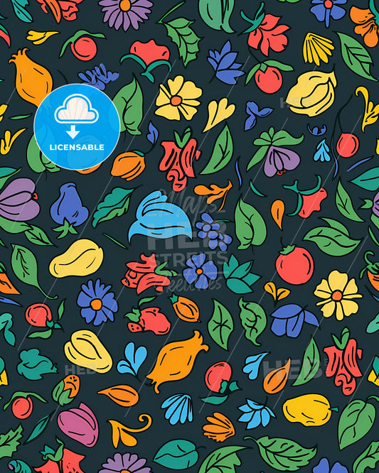 Cheerful seamless pattern with hand drawn fruit and flowers in childish doodle style