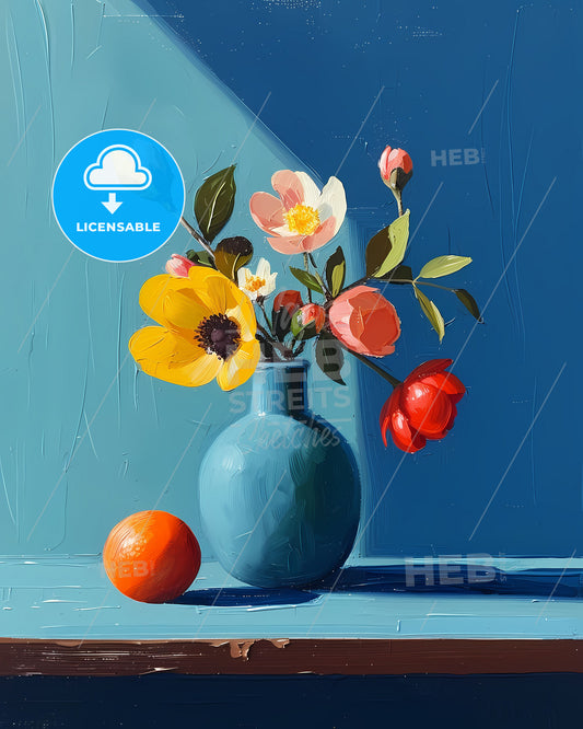 Blue vase and orange flower still life painting with complementary and triadic colors in a cantilever composition