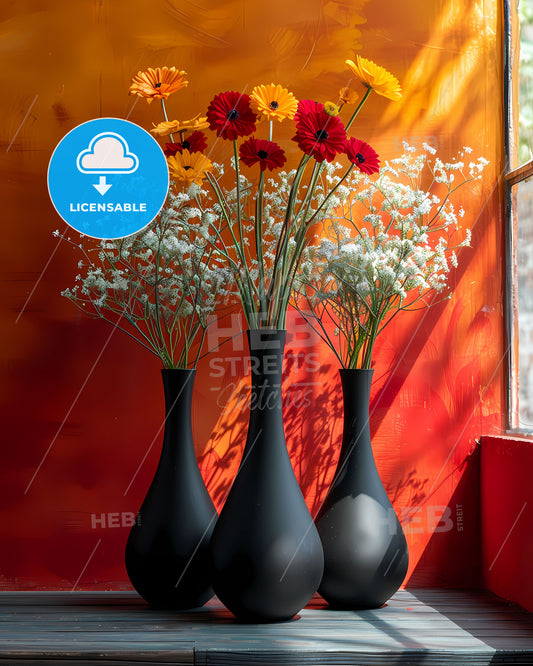 Vibrant Still Life Painting: Triadic Color Scheme, Cantilever Composition, Floral Bouquets in Vases