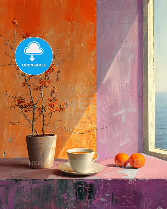 Vibrant Triadic Still Life Painting: Cup, Saucer, Plant, Window Light
