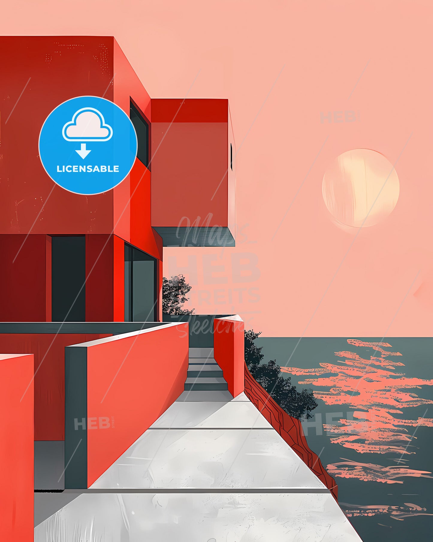 Minimalist Brutalism Art: Red Building Under Sun