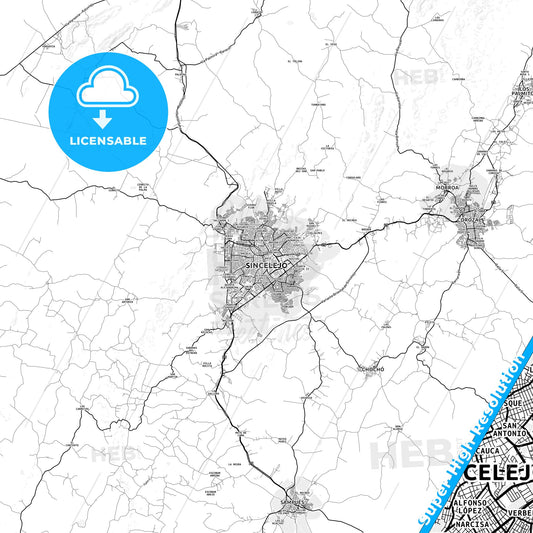 Sincelejo, Colombia light map with streetnames, citynames and districts